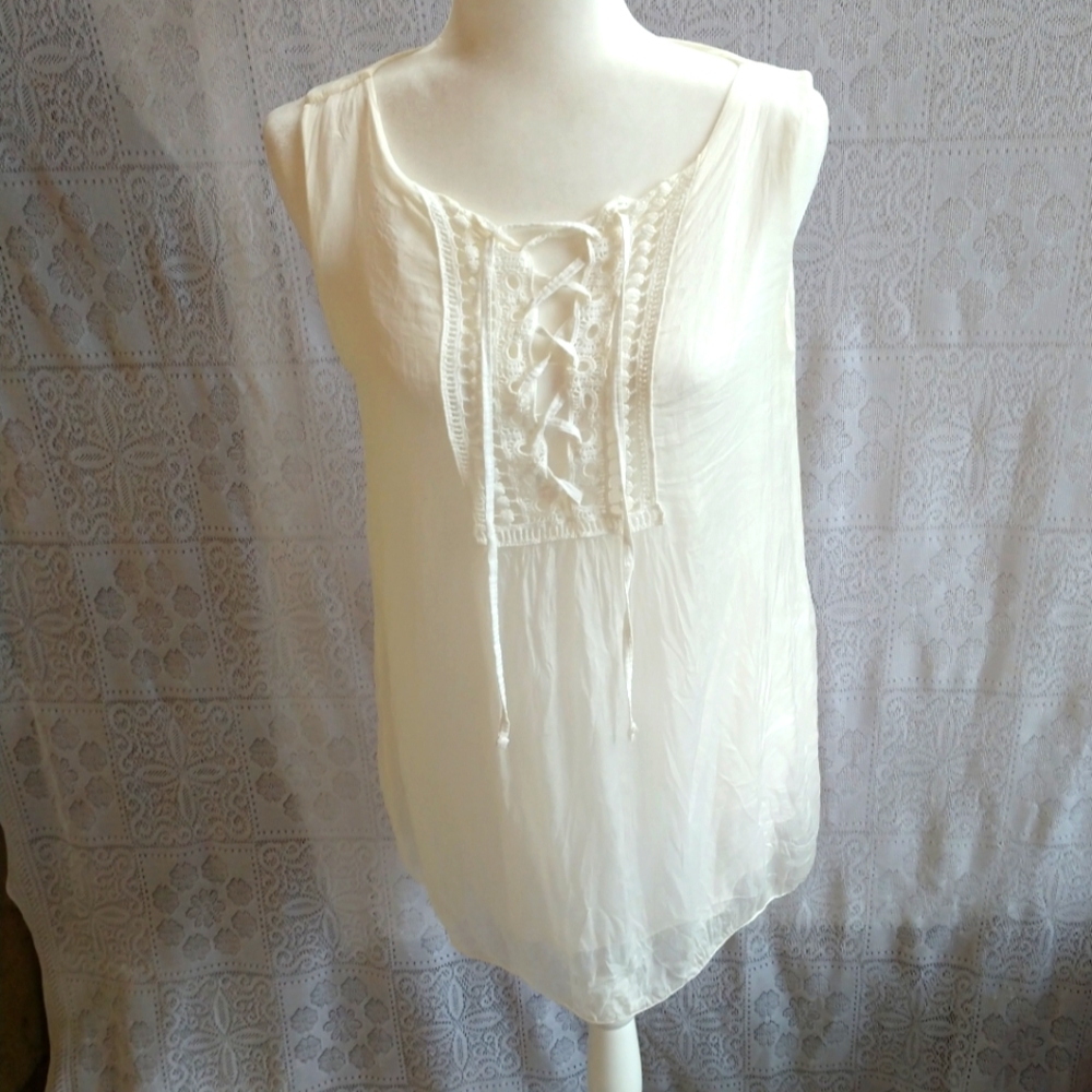 Carla Conti Italian Silk Sleeveless White Layered Boho Top